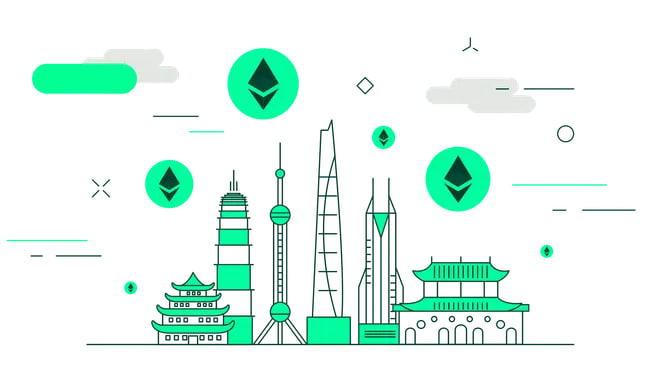 Illustration of a city skyline with Ethereum symbols