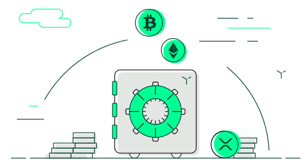 Illustration of a vault protecting Bitcoin, Ethereum, and XRP tokens
