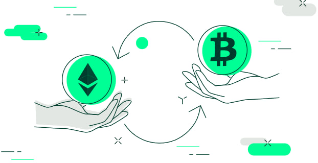Illustration of hands exchanging Bitcoin and Ethereum tokens